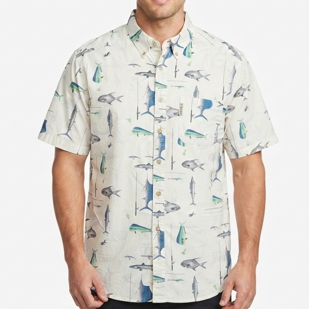 Columbia Fish Print Shirt Mens Medium White Short Sleeve Fishing
